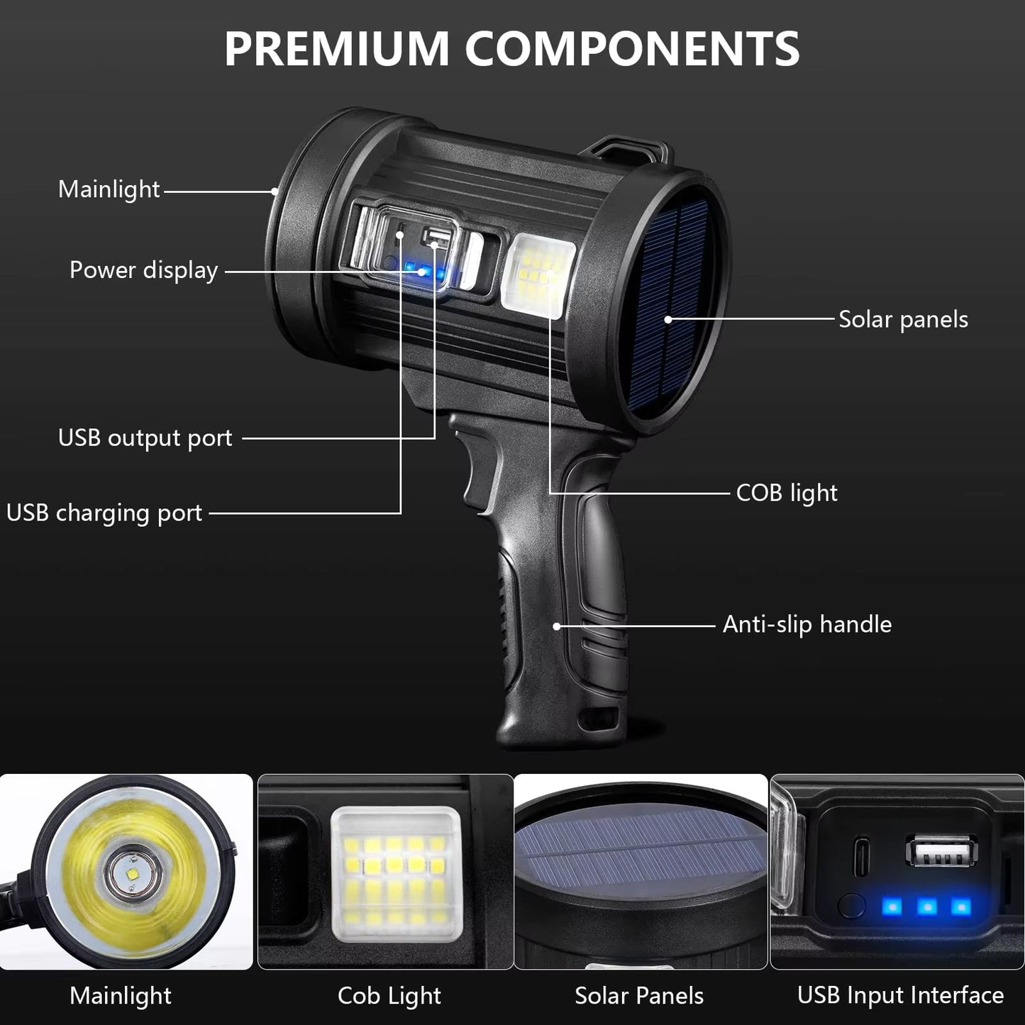PexuLitex LED Spotlight 1,000,000 Lumens 2000m Beam Solar Rechargeable 9600mAh Power Bank