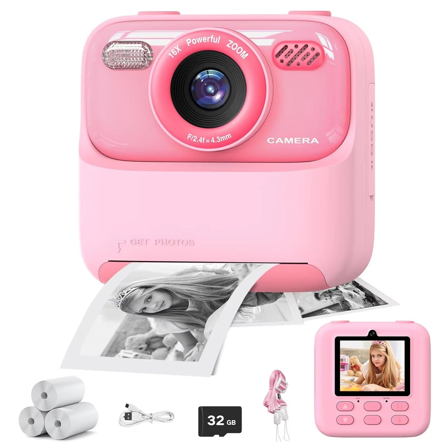 TinyFizo Kids Instant Print Camera Zero-Ink Thermal Dual Selfie Cam with 32GB Card