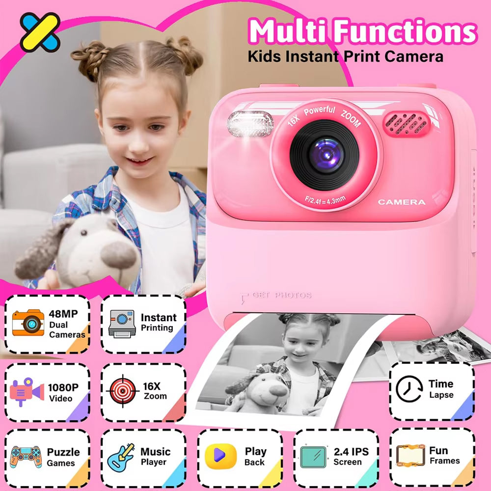TinyFizo Kids Instant Print Camera Zero-Ink Thermal Dual Selfie Cam with 32GB Card