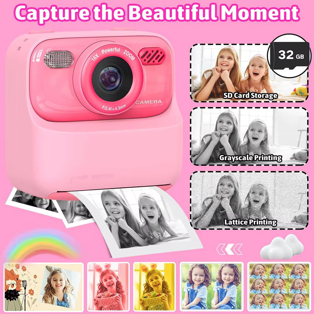TinyFizo Kids Instant Print Camera Zero-Ink Thermal Dual Selfie Cam with 32GB Card