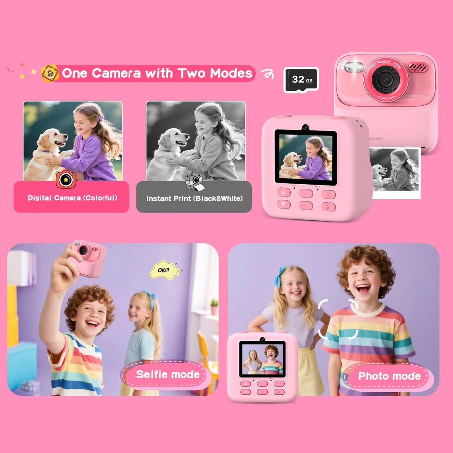 TinyFizo Kids Instant Print Camera Zero-Ink Thermal Dual Selfie Cam with 32GB Card